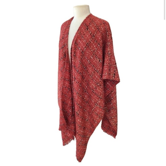 Chico’s One Size Shawl Wrap Red Plaid Fringe Classic - Picture 3 of 8